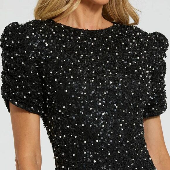 Mac Duggal 24003 Size 12 Black Pearl Gathered Short Sleeve Long Maxi Gown Dress - Picture 7 of 7